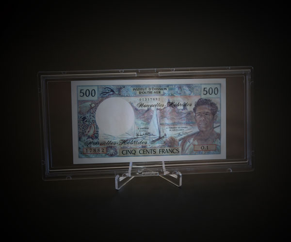 two piece bcw regular currency slab for display on stand